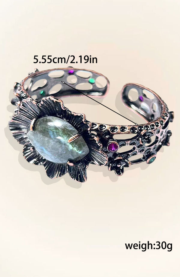 Vintage Style Natural Labradorite Plated Bronze Open Adjustable Torus Bracelet