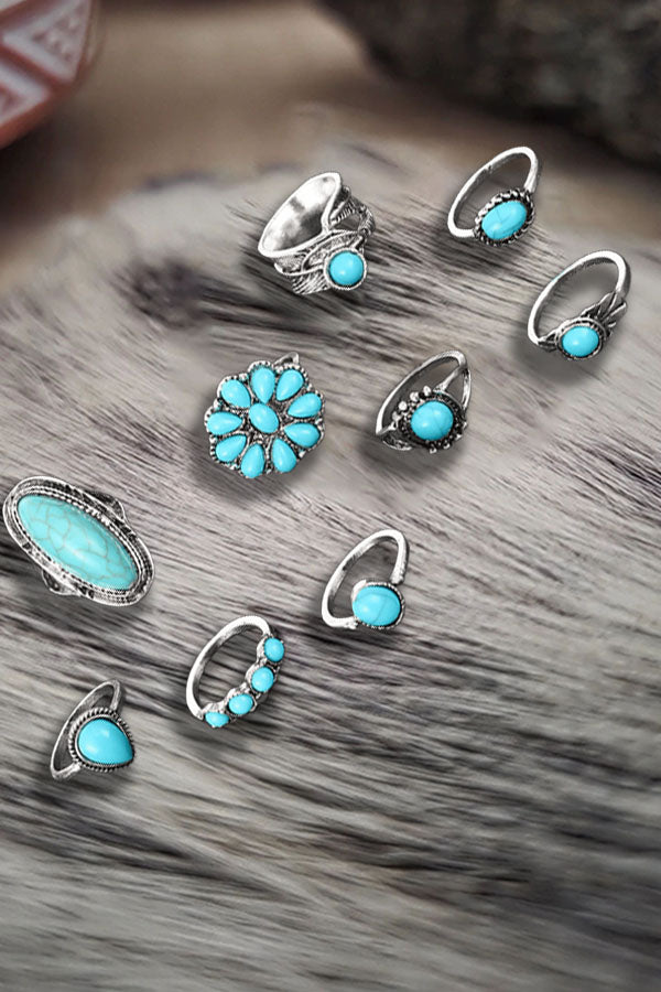 Bohemian Feather Ring Set – 8-Piece Hand-Carved Turquoise & Tribal Stackable Rings
