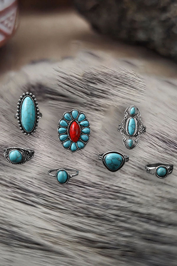 Bohemian Feather Ring Set – 8-Piece Hand-Carved Turquoise & Tribal Stackable Rings