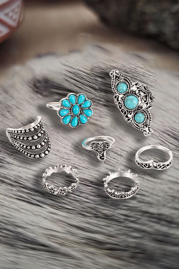 Bohemian Feather Ring Set – 8-Piece Hand-Carved Turquoise & Tribal Stackable Rings