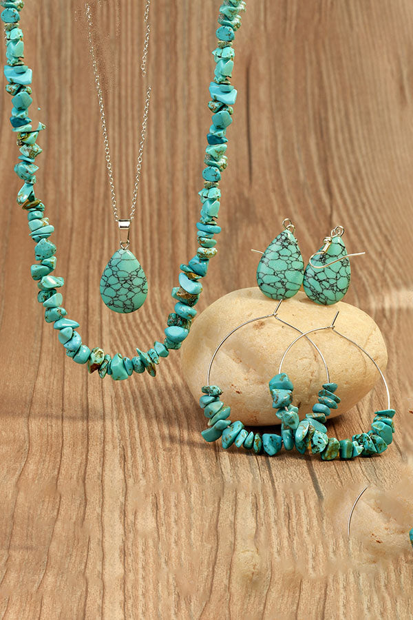 Bohemian Turquoise Irregular Beaded Necklace & Waterdrop Earrings Jewelry Set