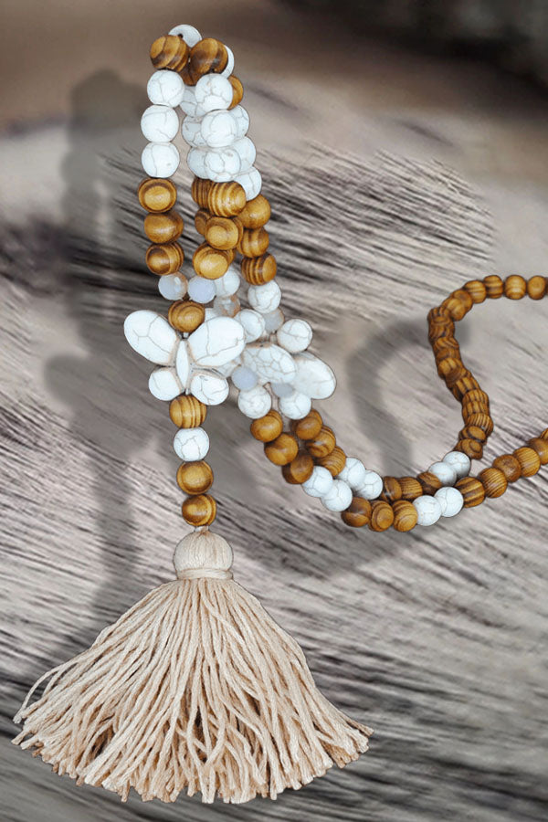 Handmade Wooden Bead & Macramé Sweater Chain Bohemian Tassel Necklace