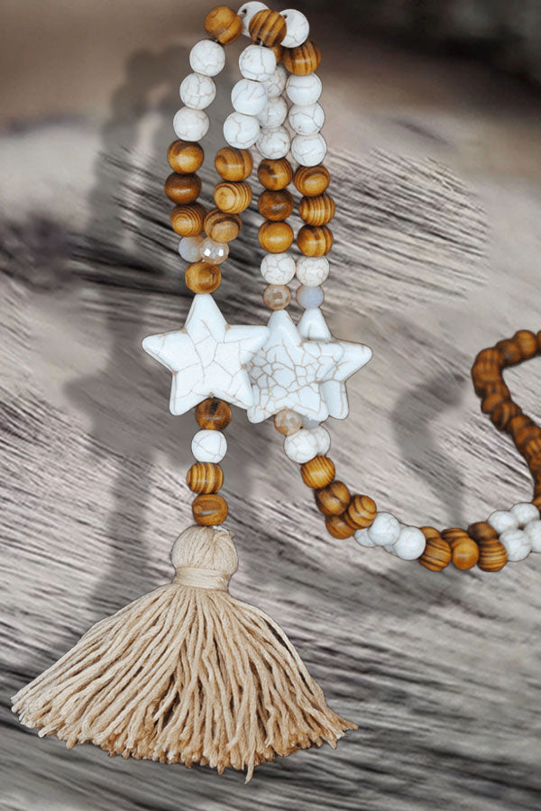 Handmade Wooden Bead & Macramé Sweater Chain Bohemian Tassel Necklace