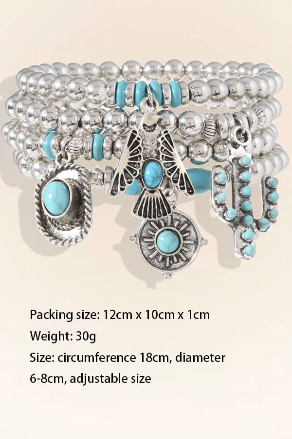 Vintage Beaded Cactus & Hat Charm Elastic Southwest Style Turquoise Bracelet Set