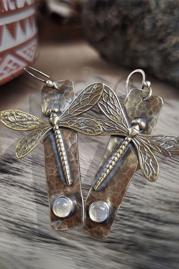 Enchanted intage Distressed Meta Dragonfly Long Earrings