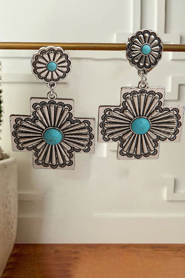 Vintage Western Cross Carved Turquoise Earrings