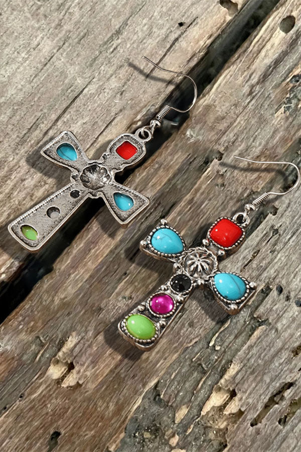 Retro Bohemian Turquoise Cross Earrings