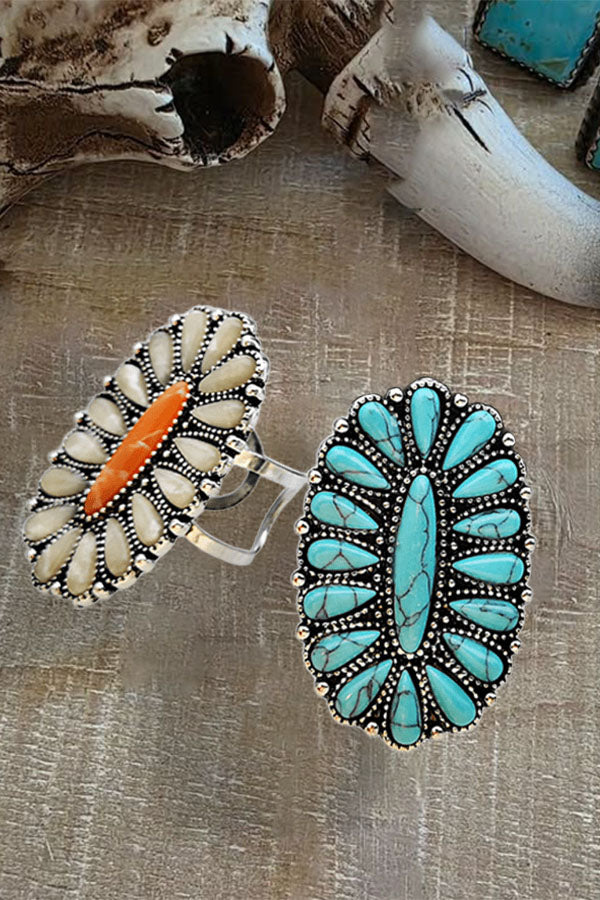 Retro Turquoise & White Jade Statement Ring