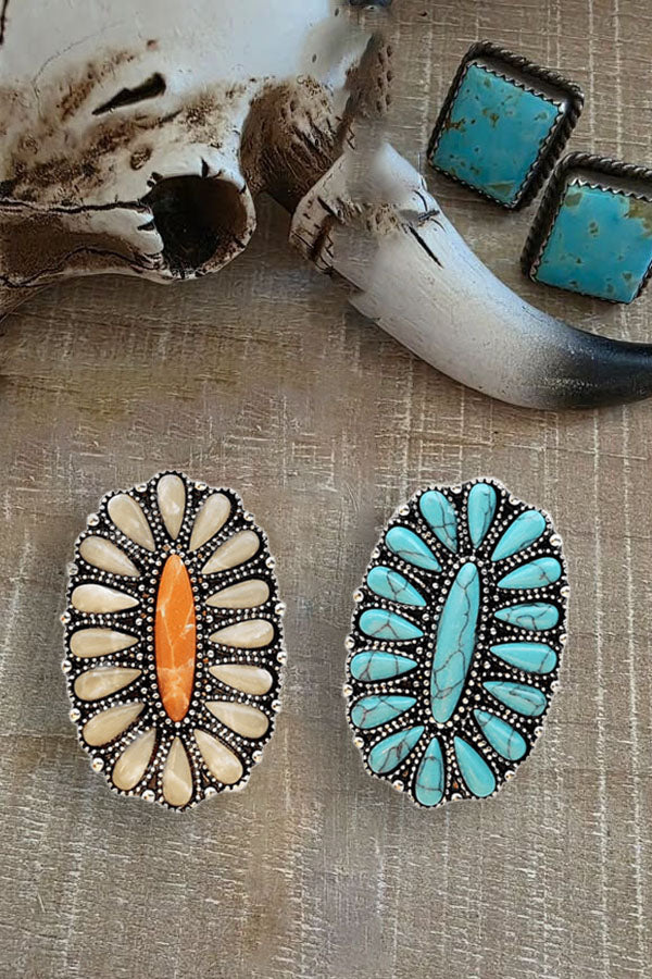Retro Turquoise & White Jade Statement Ring