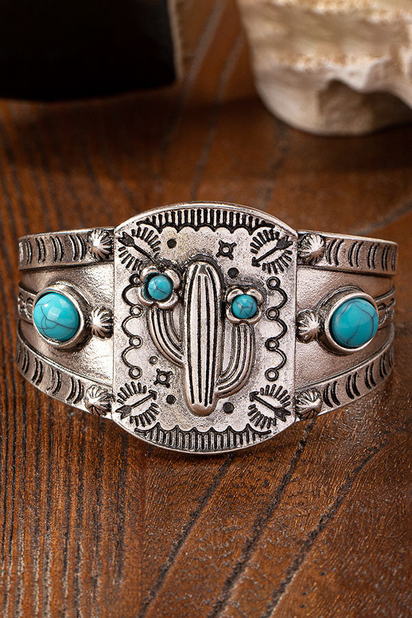 Desert Chic Blue Turquoise Cactus Metal Cuff Bracelet