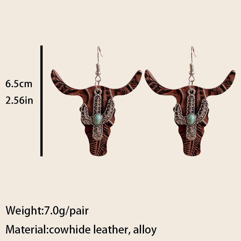 Turquoise Earrings For Women intage Embossed Cowhide & Cactus Dangle