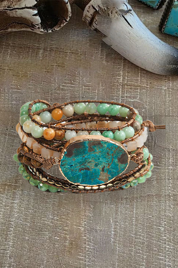 Bohemian Women's Unique Jewelry 6mm Natural Stone Glass Wax Wire Braided Bracele
