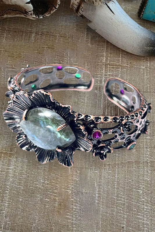 Vintage Style Natural Labradorite Plated Bronze Open Adjustable Torus Bracelet
