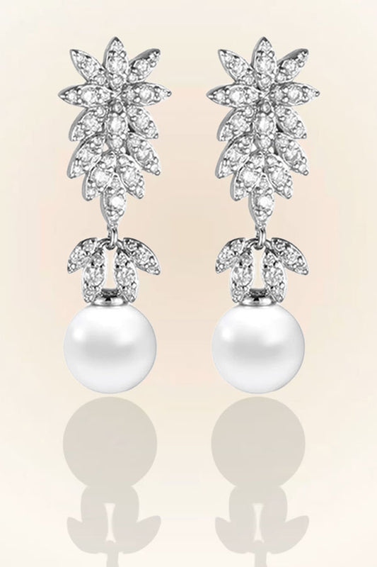 Wedding Pearl Brides Silver Pearl Cluster Drop Stud Earrings Rhinestone Earrings