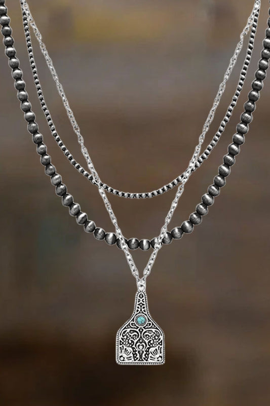 Western Round Beads Vintage  Turquoise Pendant Multi-layered Necklace