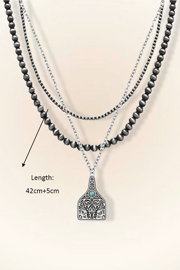 Western Round Beads Vintage  Turquoise Pendant Multi-layered Necklace