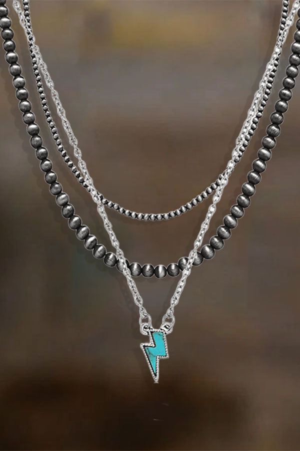 Western Round Beads Vintage  Turquoise Pendant Multi-layered Necklace