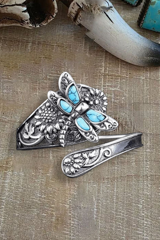 Bohemian Sunflower Dragonfly Wrap Turquoise Ring