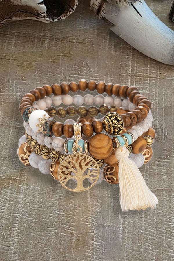 Boho Wooden Bead Bracelet Set - Handmade Multi-Layer Elastic Natural Bead Stack