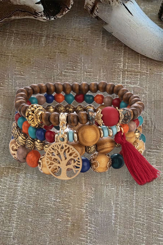 Boho Wooden Bead Bracelet Set - Handmade Multi-Layer Elastic Natural Bead Stack