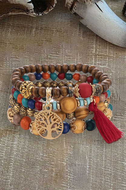 Boho Wooden Bead Bracelet Set - Handmade Multi-Layer Elastic Natural Bead Stack