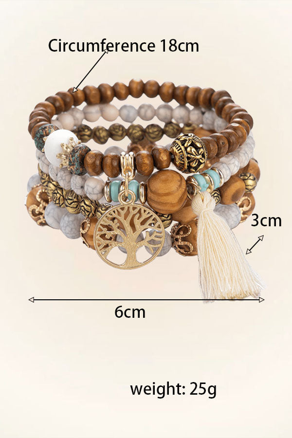 Boho Wooden Bead Bracelet Set - Handmade Multi-Layer Elastic Natural Bead Stack