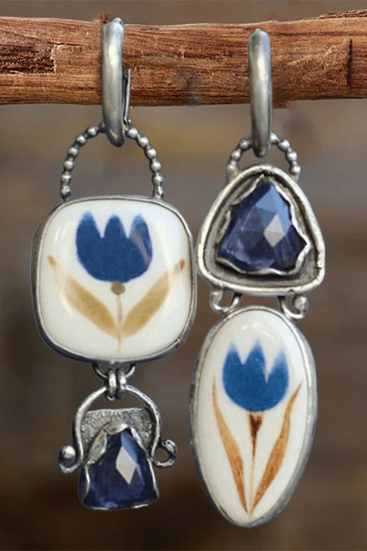 Geometric Blue Enamel Cut Rhinestone Leaf & Flower  TurquoiseEarrings