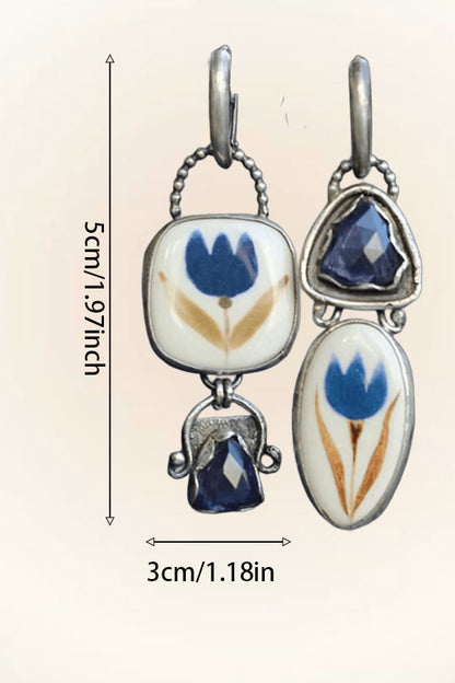 Geometric Blue Enamel Cut Rhinestone Leaf & Flower  TurquoiseEarrings