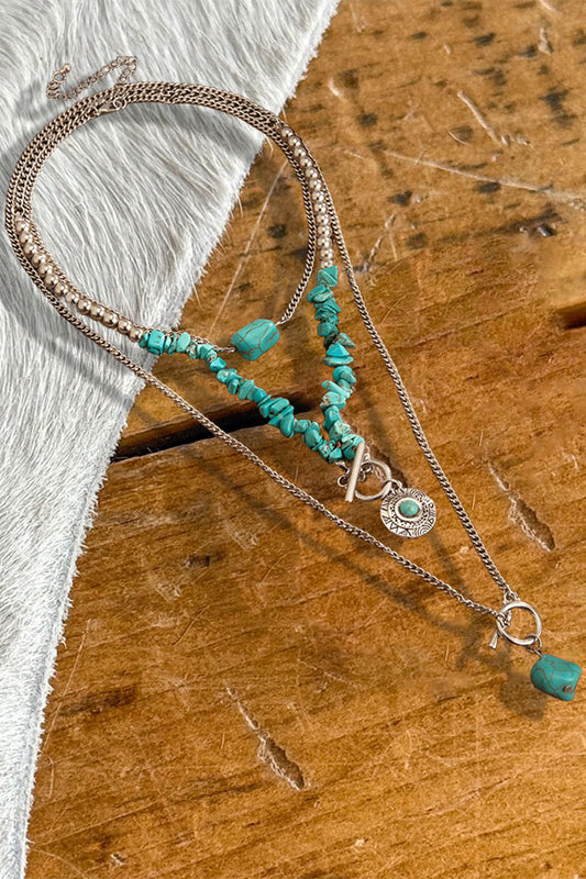Bohemia 3pcs Toggle Clasp Turquoise Round Disc Pendant Necklace Set