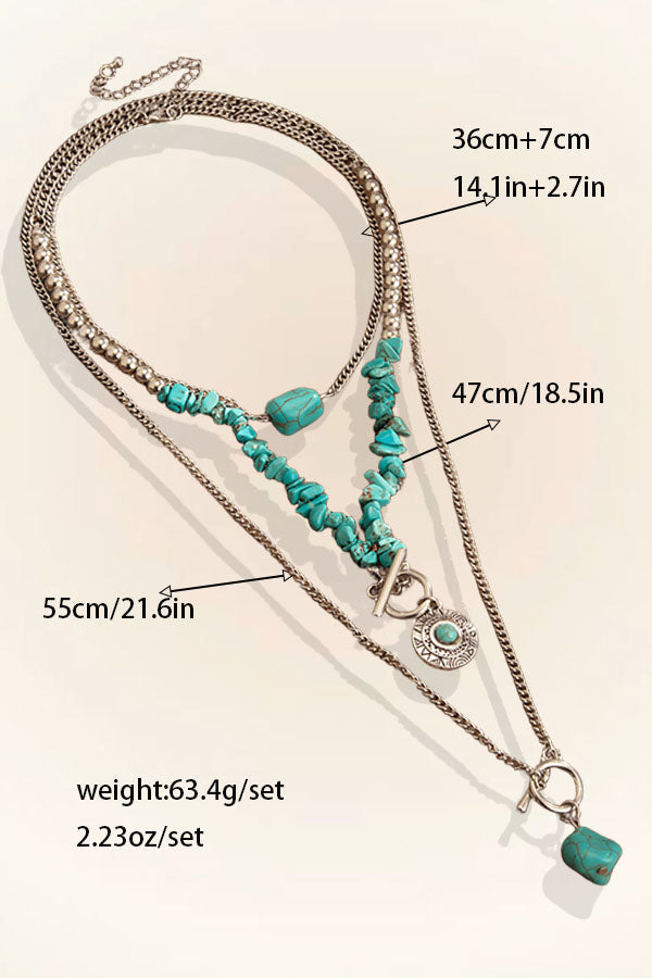 Bohemia 3pcs Toggle Clasp Turquoise Round Disc Pendant Necklace Set