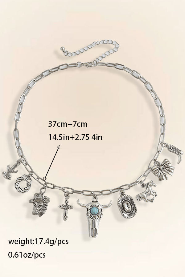 Western Ethnic Imitation Turquoise Stacked Bull Head Necklace