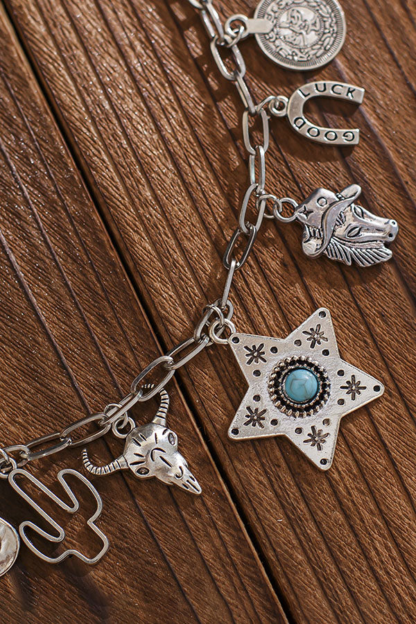 Western Ethnic Imitation Turquoise Stacked Bull Head Necklace