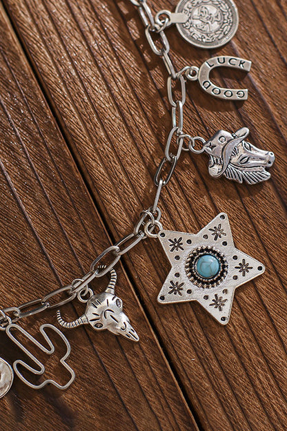 Western Ethnic Imitation Turquoise Stacked Bull Head Necklace