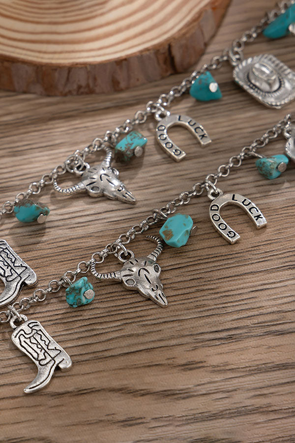 Western Ethnic Imitation Turquoise Stacked Bull Head Necklace