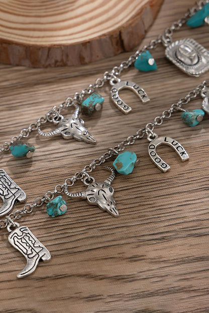 Western Ethnic Imitation Turquoise Stacked Bull Head Necklace