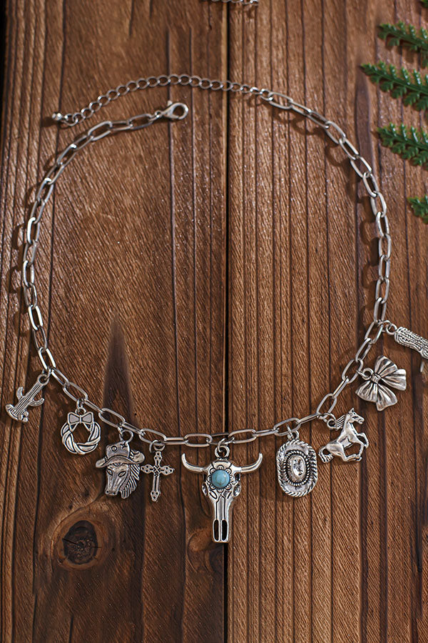 Western Ethnic Imitation Turquoise Stacked Bull Head Necklace