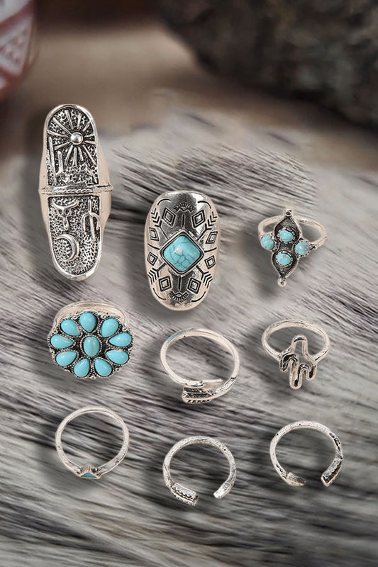 Bohemian Feather Ring Set – 8-Piece Hand-Carved Turquoise & Tribal Stackable Rings