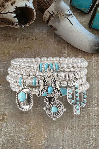 Vintage Beaded Cactus & Hat Charm Elastic Southwest Style Turquoise Bracelet Set
