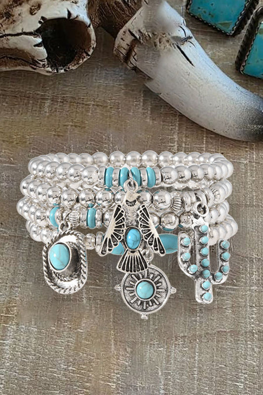 Vintage Beaded Cactus & Hat Charm Elastic Southwest Style Turquoise Bracelet Set
