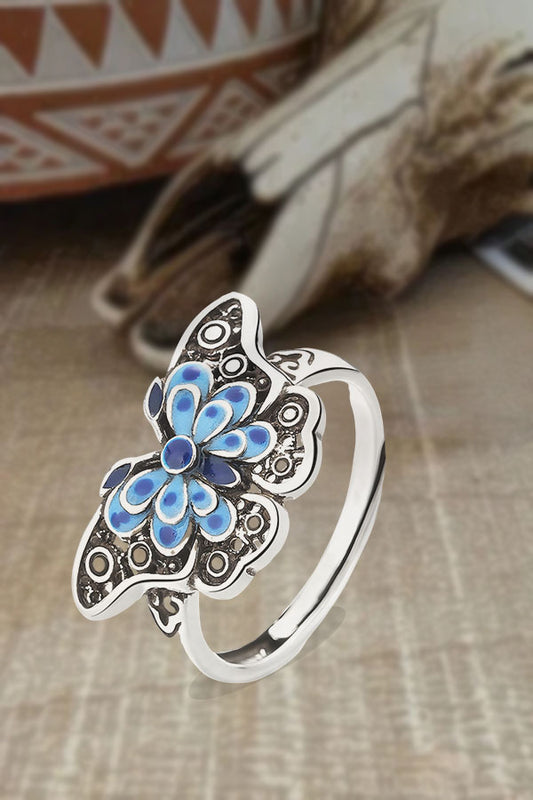 Vintage Hollow Blue Enamel Butterfly Boho Ring