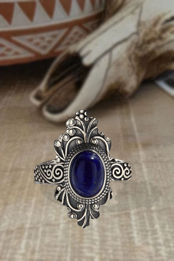 Vintage 925 Sterling Silver Boho Lapis Lazuli Open Ring