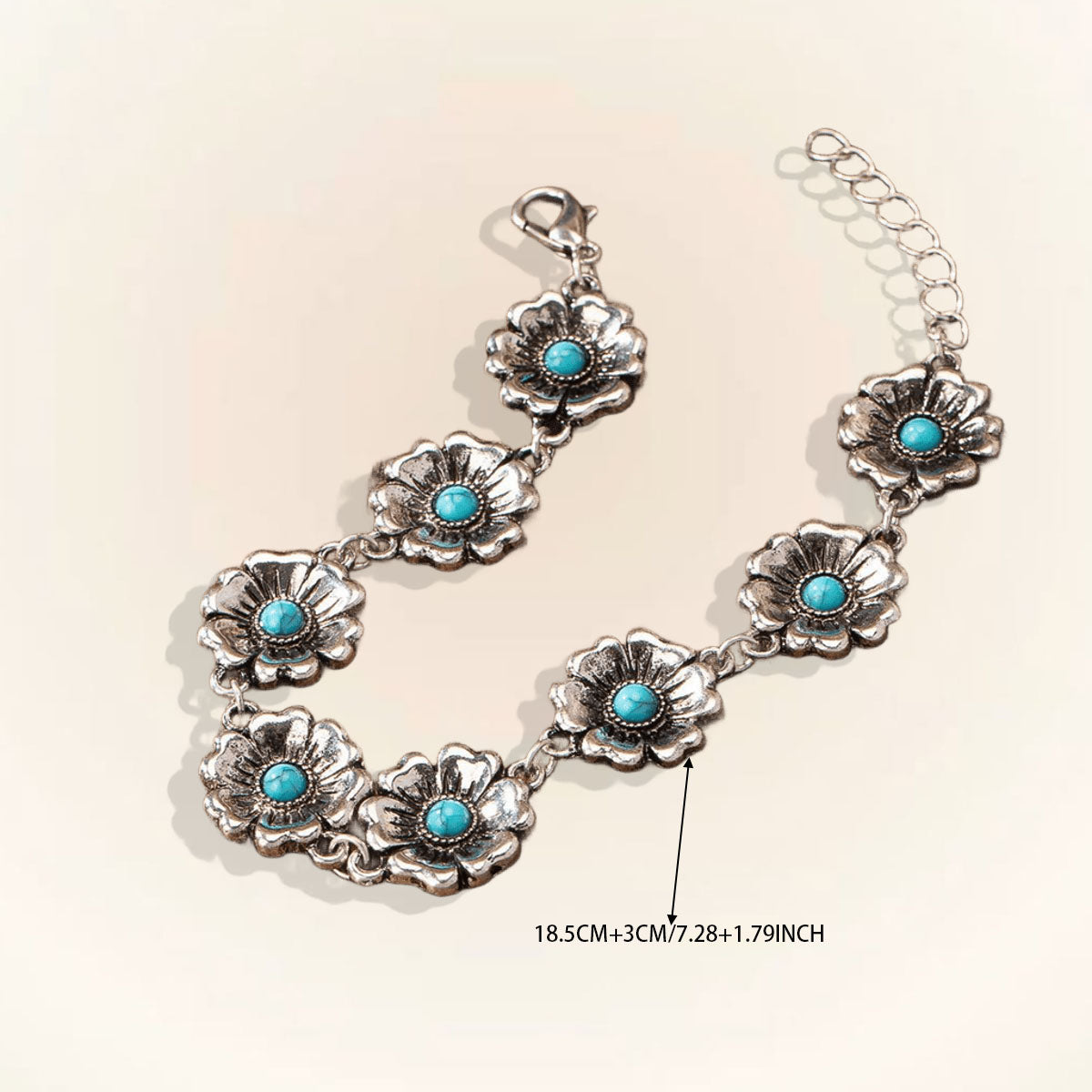 Vintage Southwest Floral Turquoise & Silver Link Bracelet