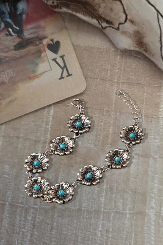 Vintage Southwest Floral Turquoise & Silver Link Bracelet
