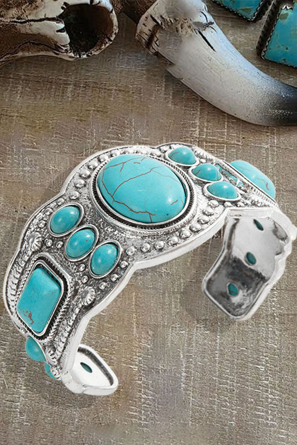Vintage Ethnic Turquoise Alloy Elastic Cuff  Bohemian Bracelet