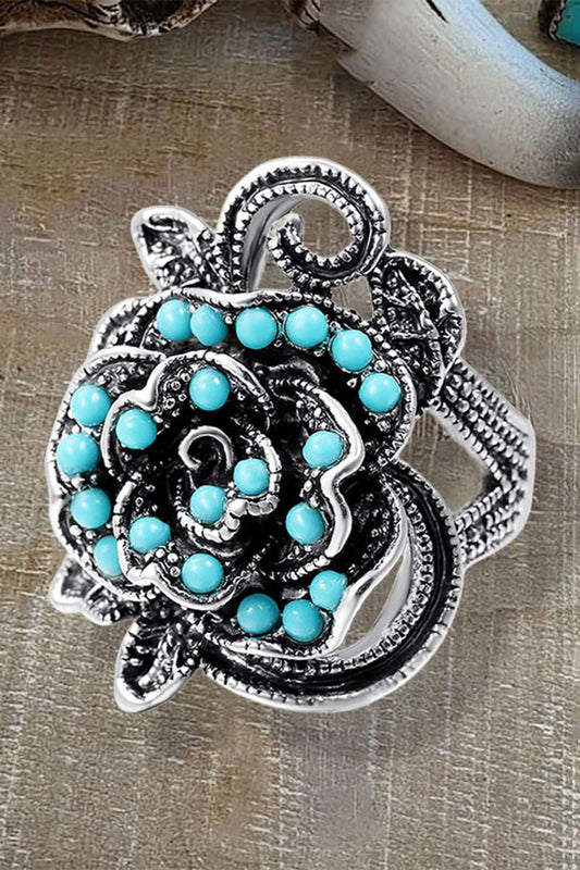 Vintage Alloy Rose Turquoise Accent Ring