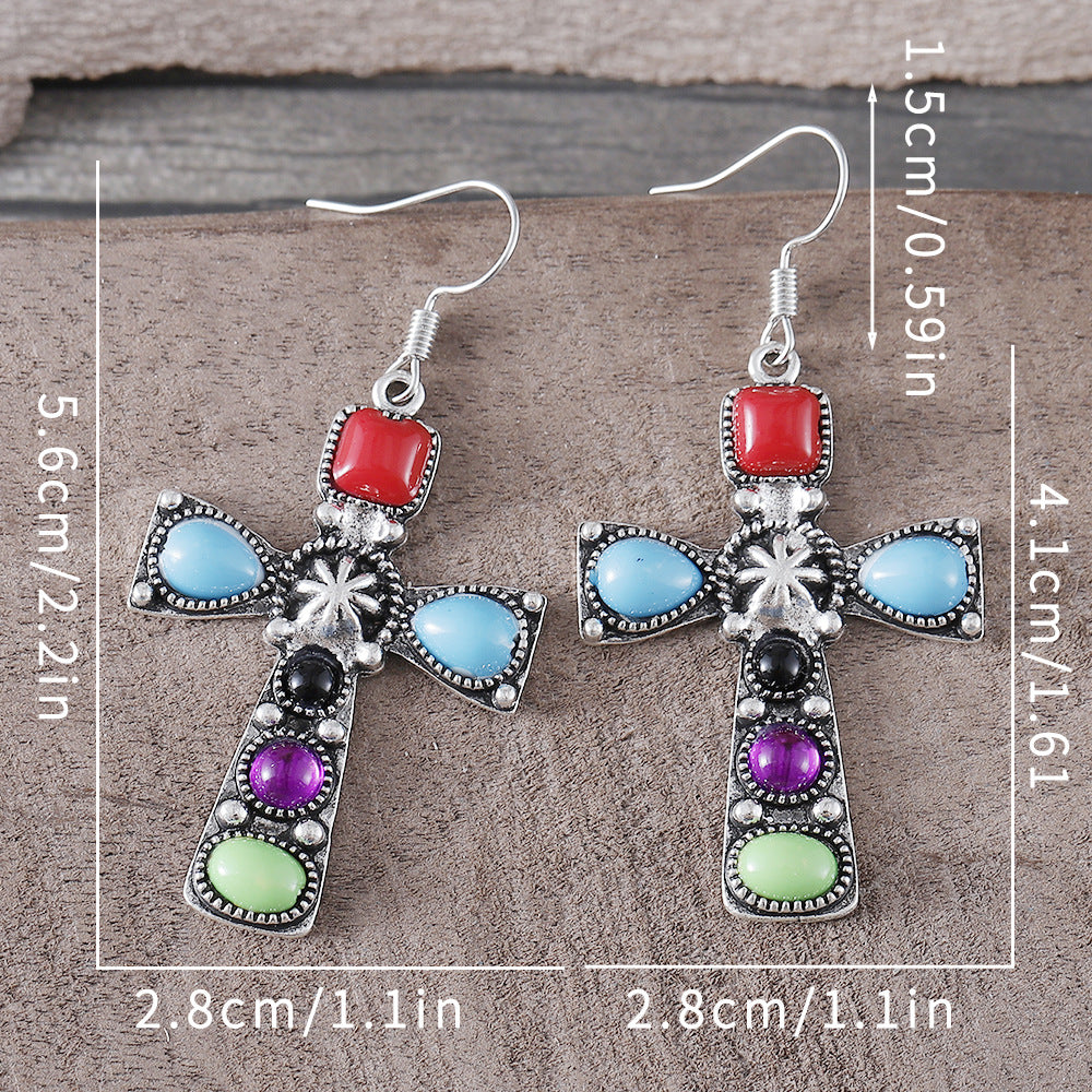 Retro Bohemian Turquoise Cross Earrings
