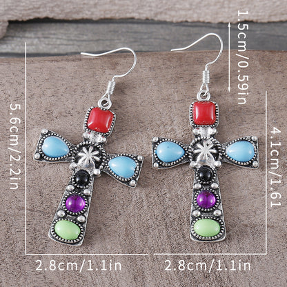 Retro Bohemian Turquoise Cross Earrings