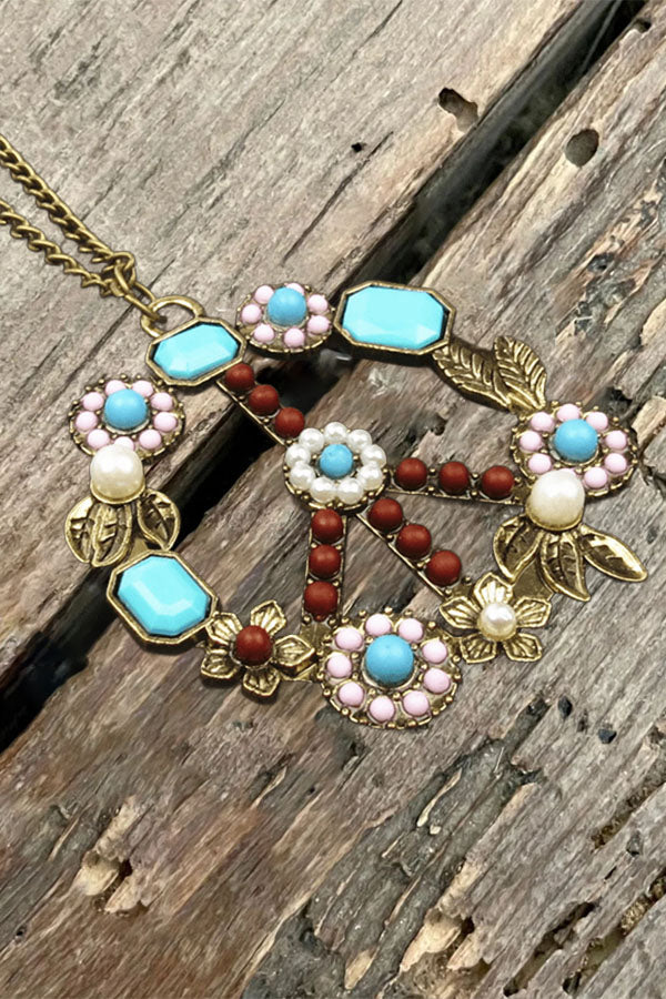 ‌Vintage Turquoise Pearl & Flower Peace Necklace
