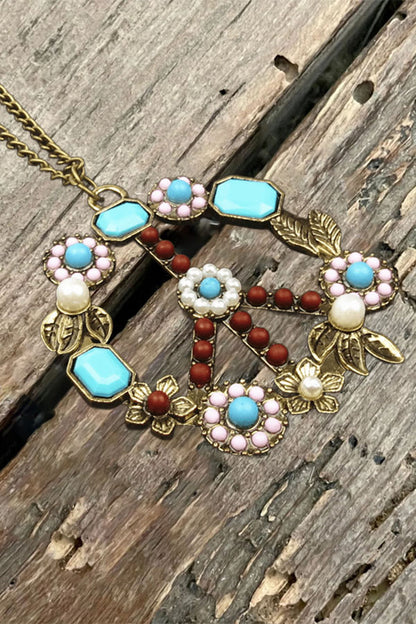 ‌Vintage Turquoise Pearl & Flower Peace Necklace