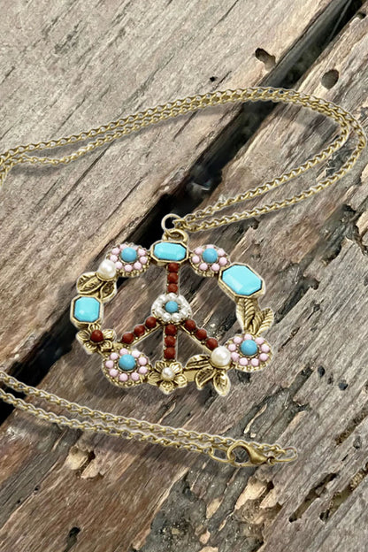 ‌Vintage Turquoise Pearl & Flower Peace Necklace